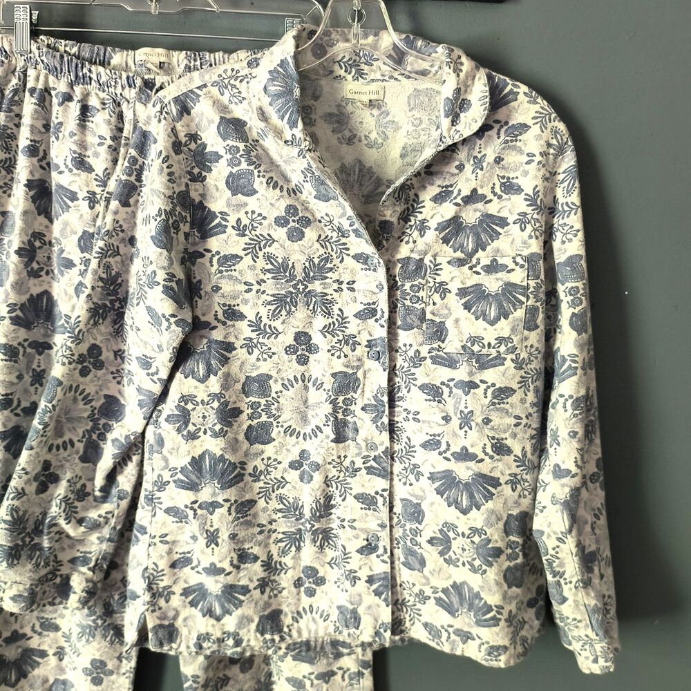 Garnet Hill Pajama Set Womens S Organic Cotton Flannel Blue Floral Cozy Preppy